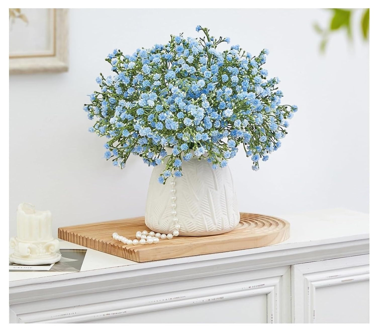 GoHooked 5pcs light blue artificial baby's breath flowers with realistic rubber heads and plastic stems.