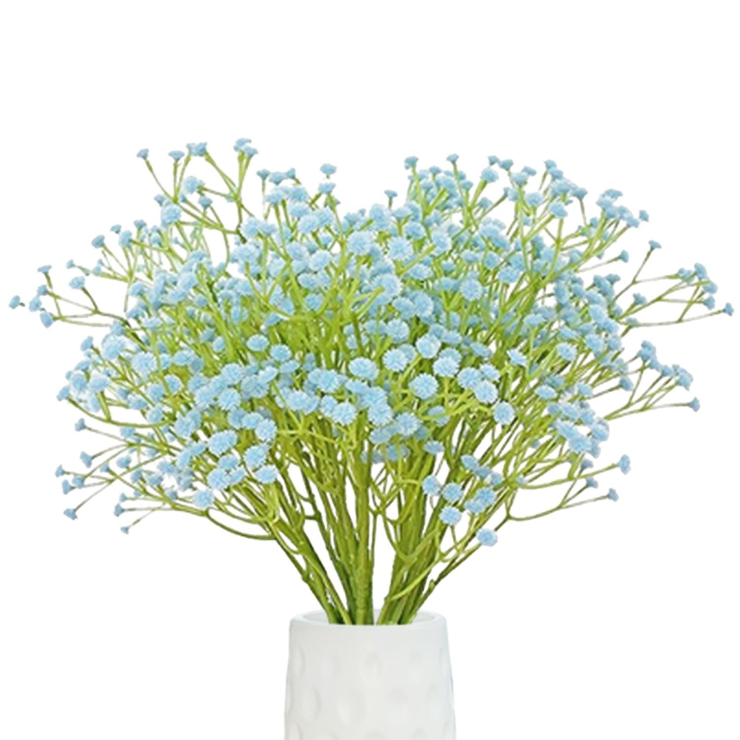 GoHooked 5Pcs light blue artificial baby's breath flowers with green stems, made of soft rubber and plastic.