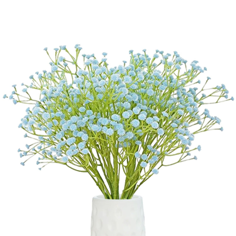 GoHooked 5Pcs light blue artificial baby's breath flowers with green stems, made of soft rubber and plastic.