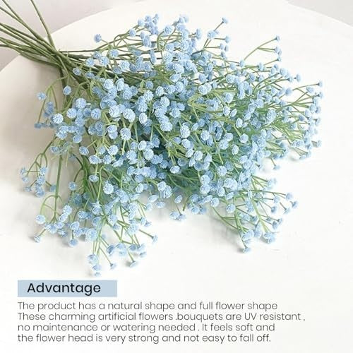 GoHooked light blue artificial baby's breath flowers with realistic soft rubber heads and plastic stems, perfect for floral arrangements.