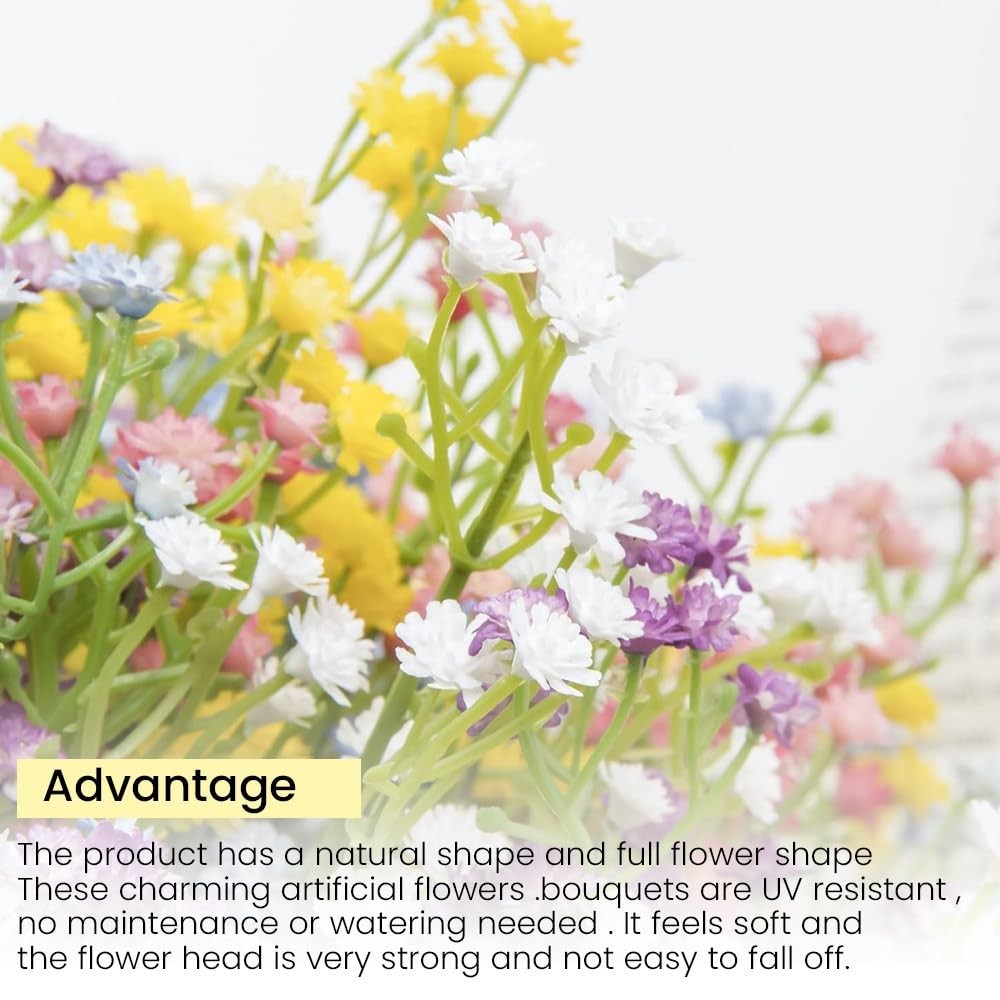 GoHooked multicolor artificial baby's breath flowers made of soft rubber and plastic stems. Realistic, maintenance-free floral decor.