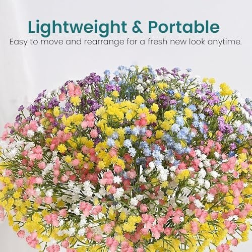 GoHooked 5pcs multicolor artificial baby's breath flowers with soft rubber heads and plastic stems, ideal for floral arrangements.