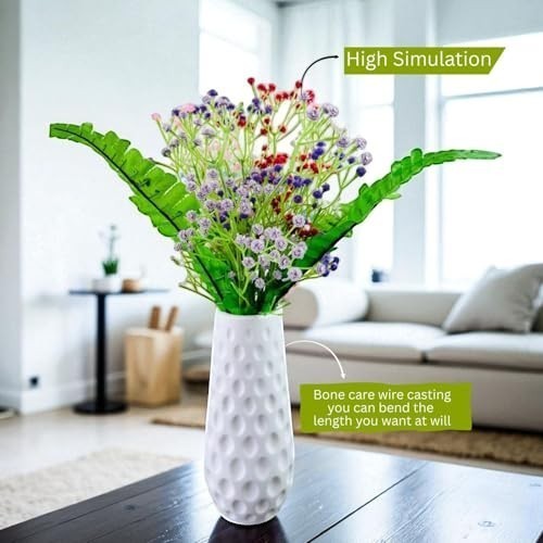 GoHooked multicolor artificial baby's breath flowers in a white textured vase, with realistic rubber flower heads and plastic stems.
