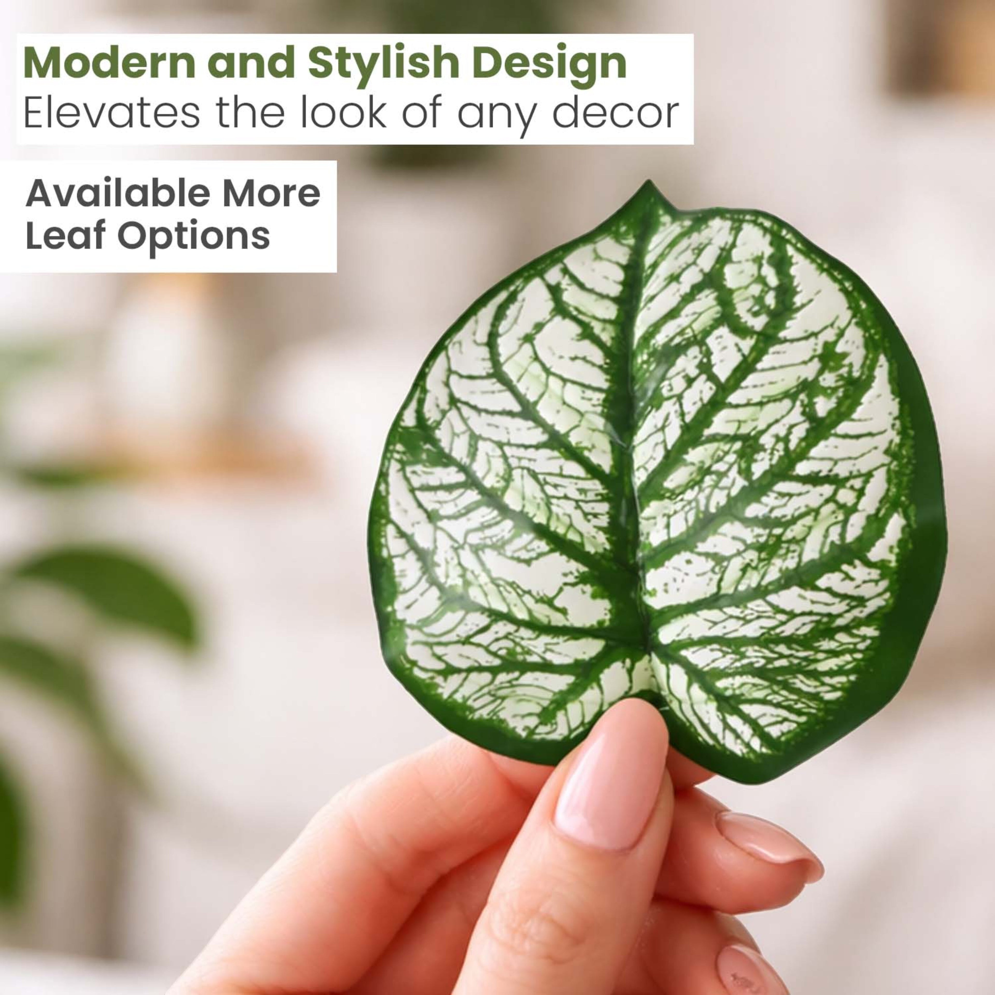 GoHooked artificial Caladium leaf with vibrant green and white patterned veins held in hand for home decor