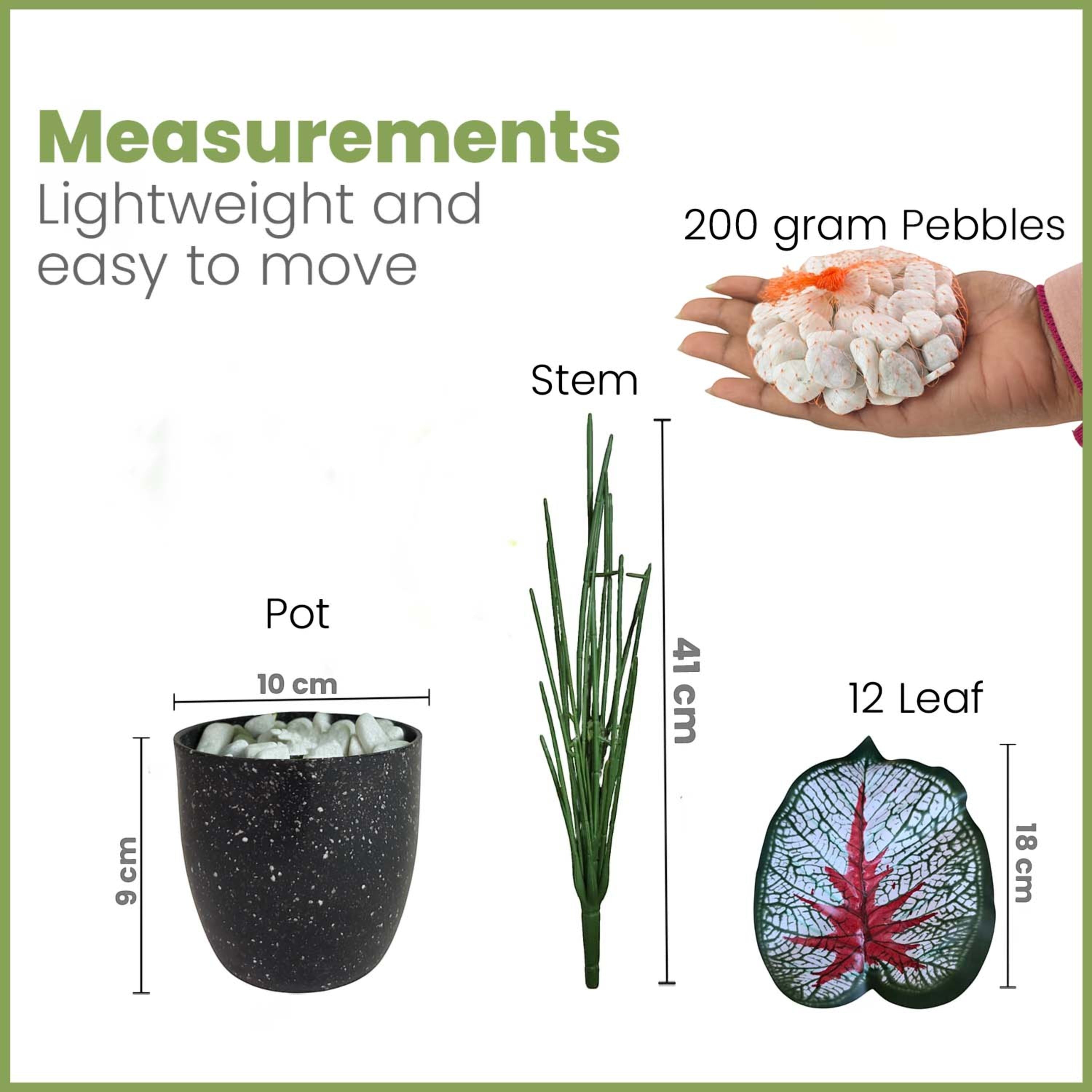 GoHooked artificial Caladium plant components including a black speckled pot, green stem, 12 leaves, and white pebbles.