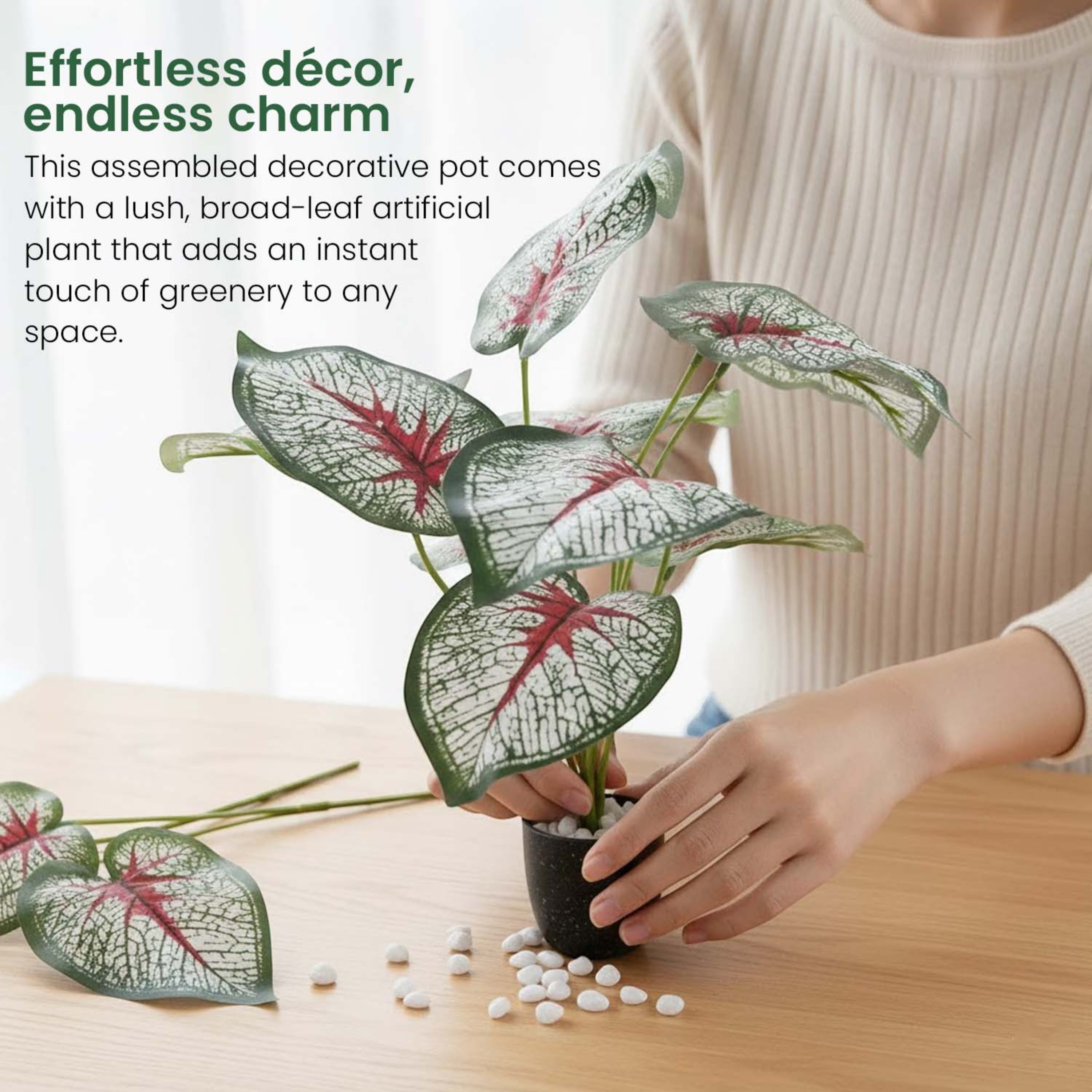 GoHooked artificial Caladium Bicolor plant with patterned green and red leaves in a small pot on a wooden desk