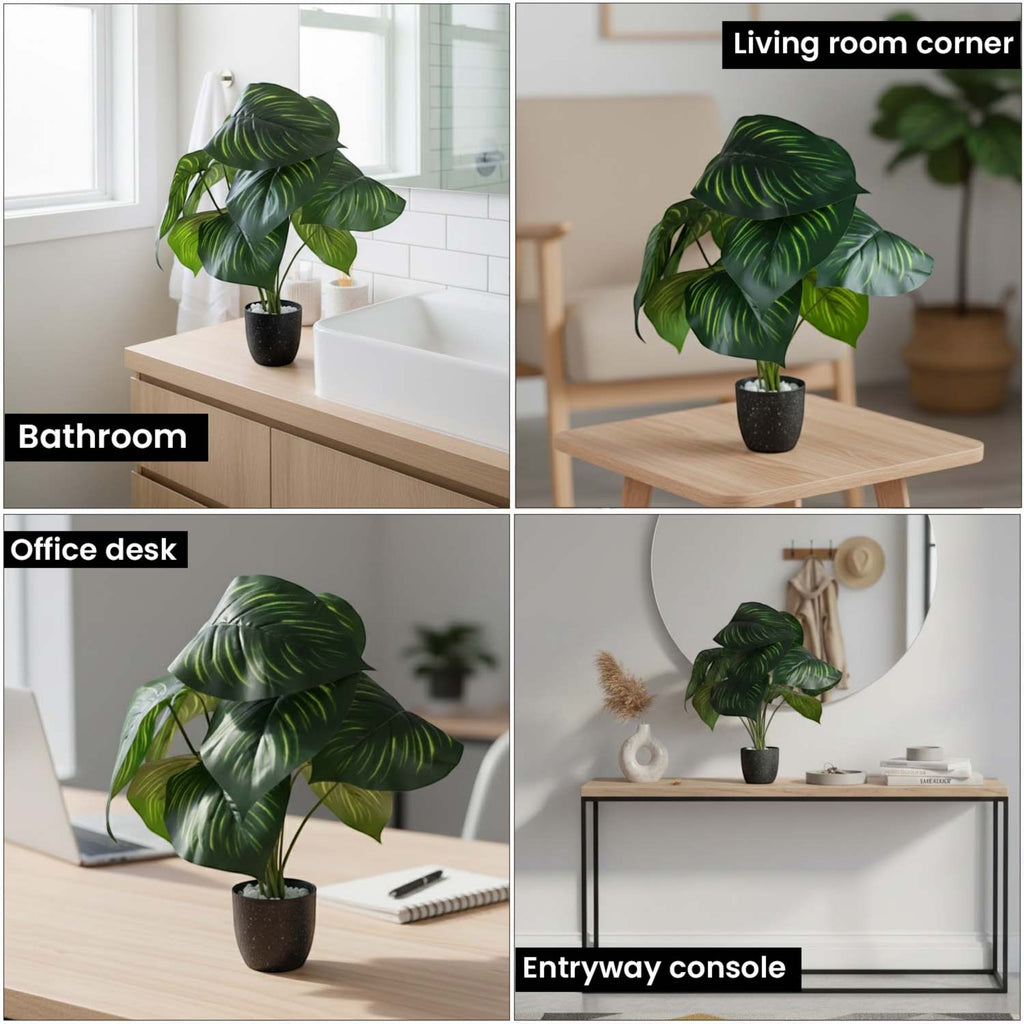 GoHooked artificial Calathea Orbifolia plant with patterned green leaves in a black pot, styled in home and office.