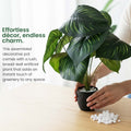 GoHooked artificial Calathea Orbifolia plant with broad green leaves in a black pot with decorative white pebbles