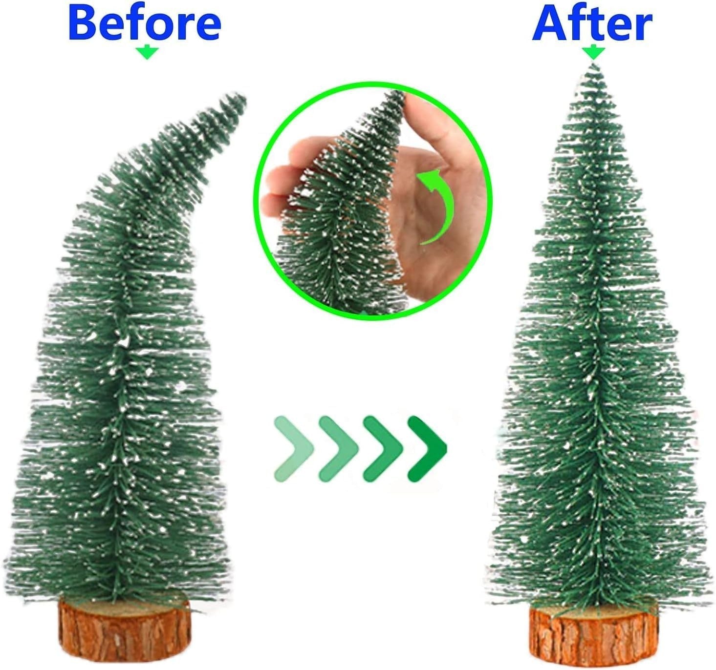 GoHooked green and white artificial Christmas tree with wooden base, 12 inches tall, perfect for tabletop decor.