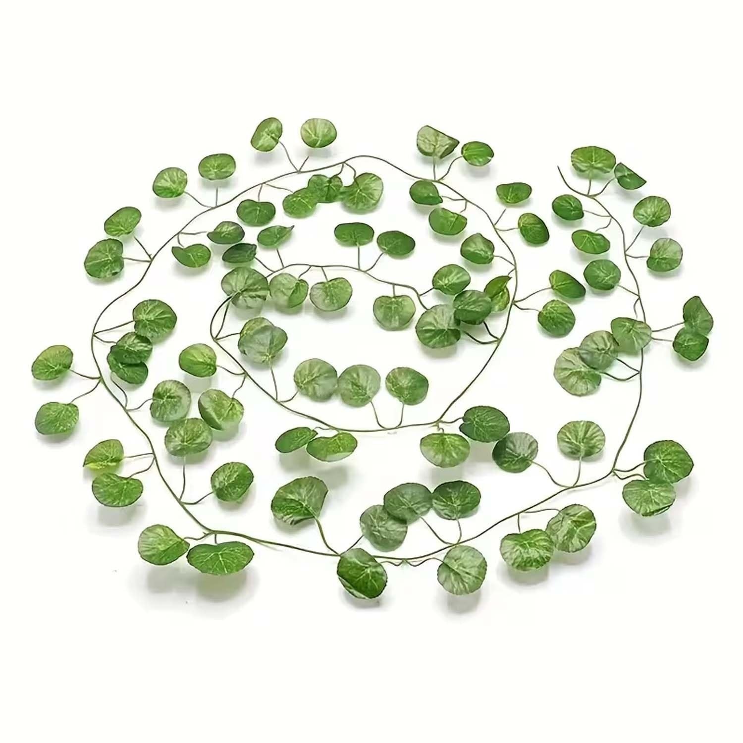 GoHooked pack of 8 green artificial coin leaf creepers, 7 ft each, made of plastic for home and balcony decor.