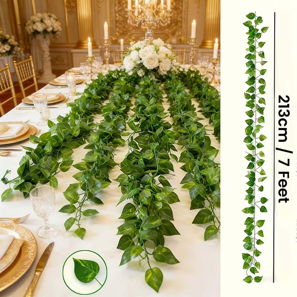 Go Hooked artificial money plant creeper garland, 6 ft, green plastic leaves, draped on a decorated table.