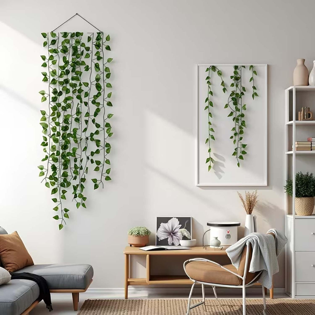 Go Hooked pack of 8 artificial arrowhead leaf creepers, 7 ft each, green plastic garland for home decor.