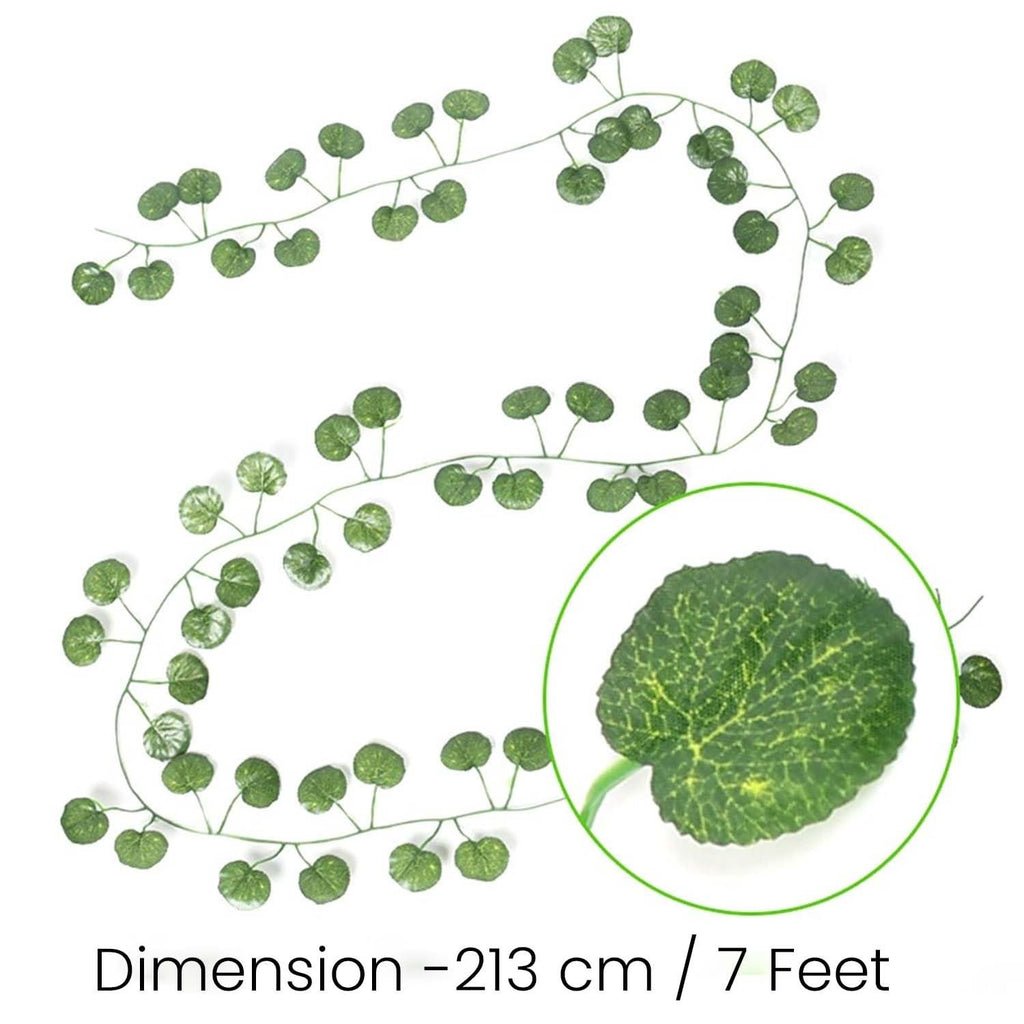 GoHooked pack of 3 green artificial coin leaf creepers, 7 ft each, made of plastic with realistic vein detail.