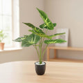 Go Hooked artificial Dieffenbachia plant with 12 patterned green leaves in a speckled black pot with white pebbles.