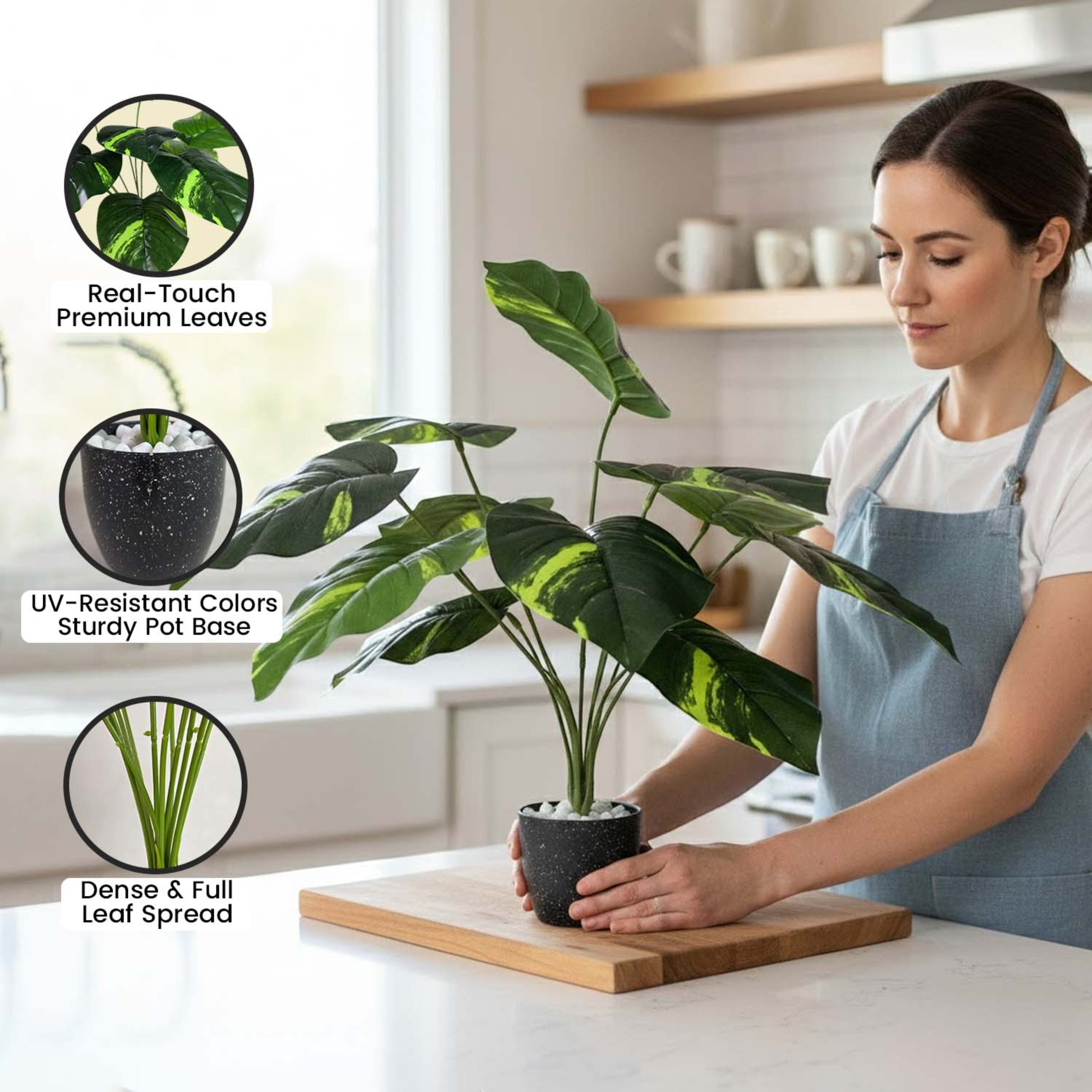 GoHooked artificial Dieffenbachia plant with patterned green leaves in a decorative pot with pebbles for home decor.