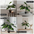 GoHooked artificial Dieffenbachia plant with patterned green leaves in a black pot, styled in various home settings.