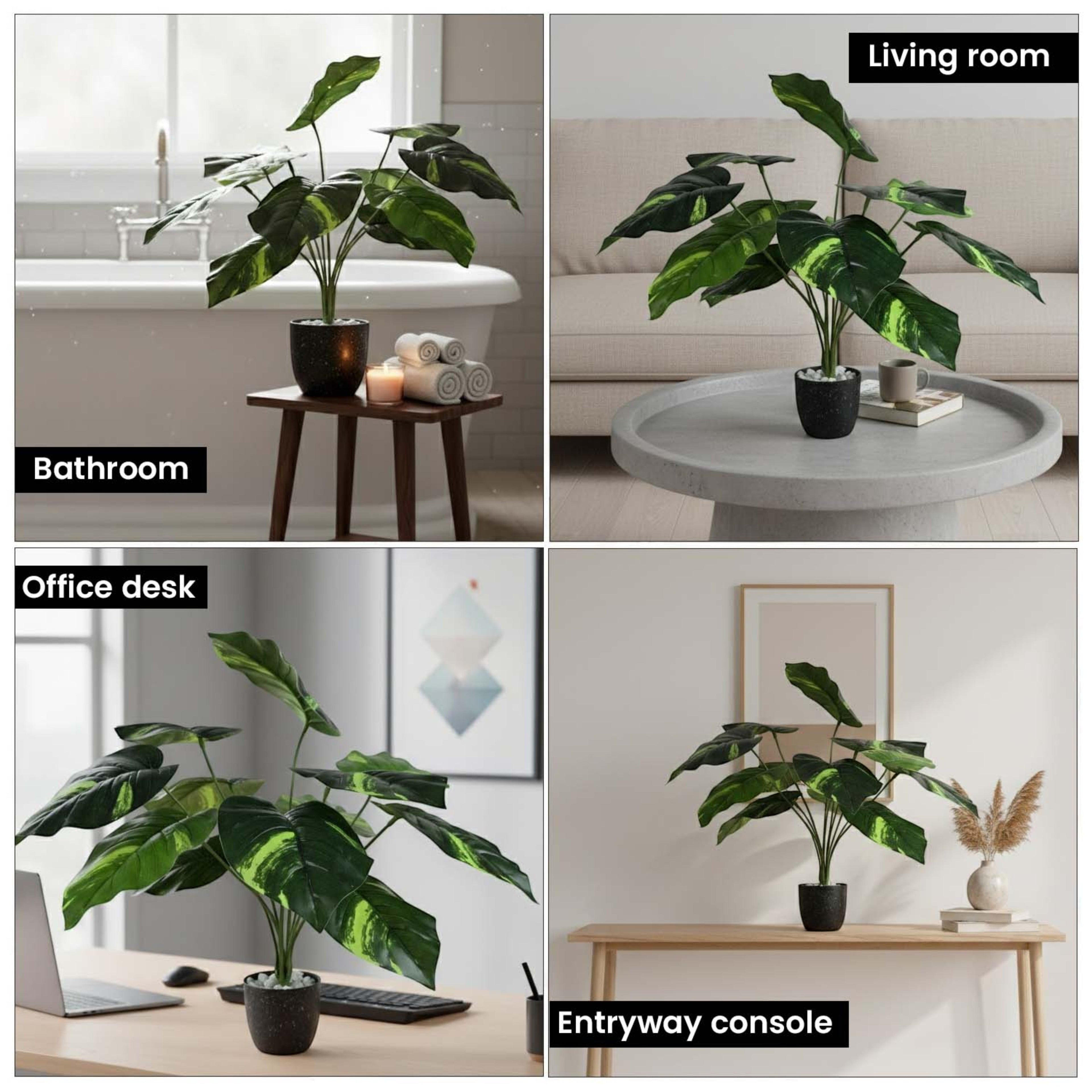 GoHooked artificial Dieffenbachia plant with patterned green leaves in a black pot, styled in various home settings.