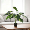 GoHooked artificial Dieffenbachia plant with patterned green leaves in a decorative pot on a wooden table.
