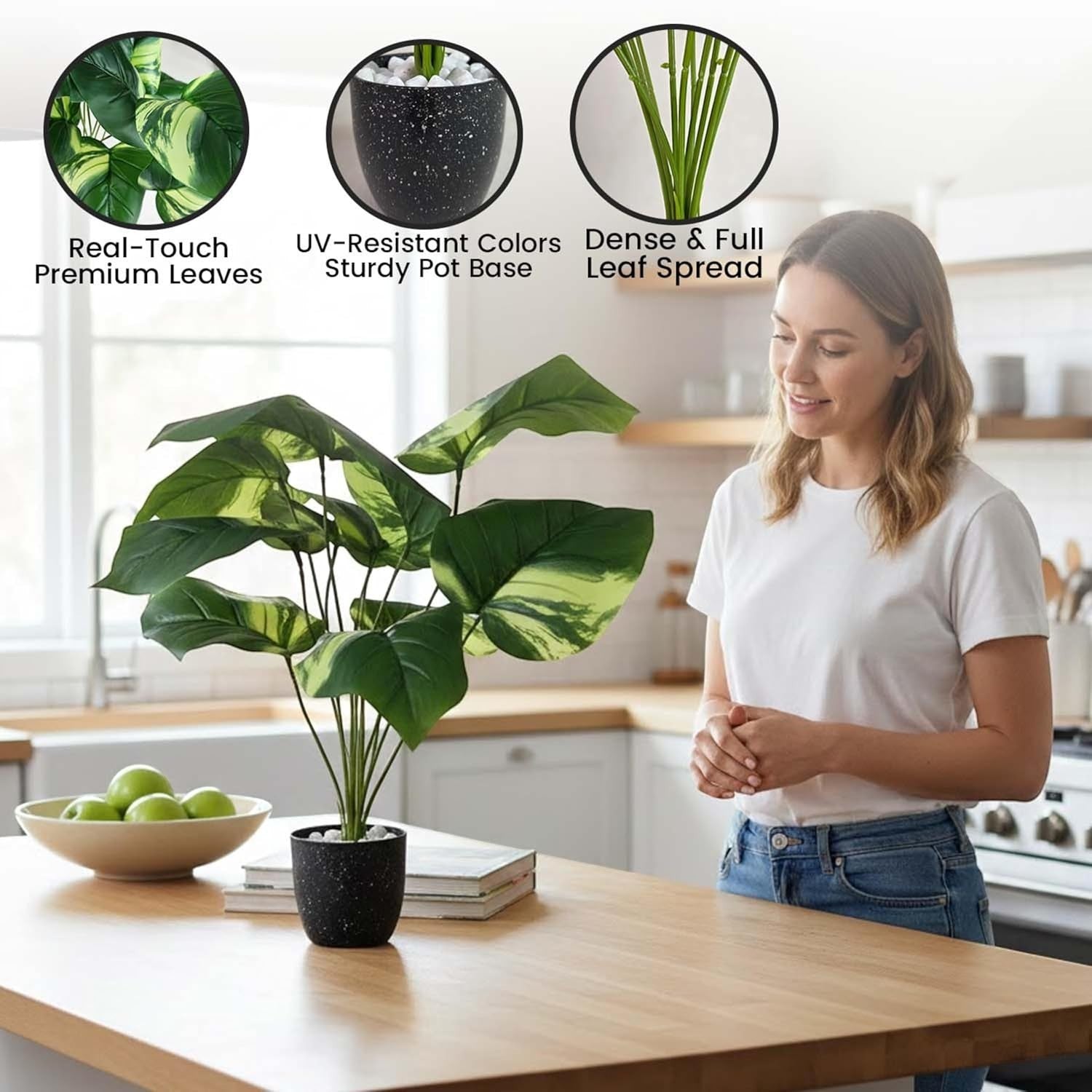 Go Hooked artificial Epipremnum Aureum plant with 12 variegated green leaves in a speckled black pot with white pebbles.