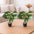 GoHooked artificial Epipremnum Aureum plant with 12 variegated green leaves in a speckled black pot with white pebbles.