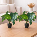 Go Hooked artificial Epipremnum Aureum plant with 12 green and yellow patterned leaves in a speckled black pot with white pebbles.
