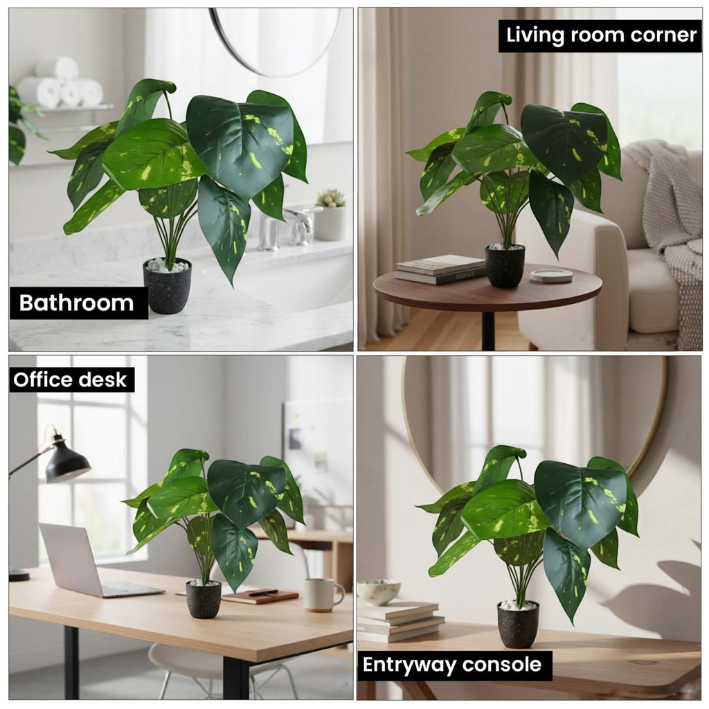 GoHooked artificial potted Epipremnum Aureum plant with variegated green leaves displayed in various home settings.