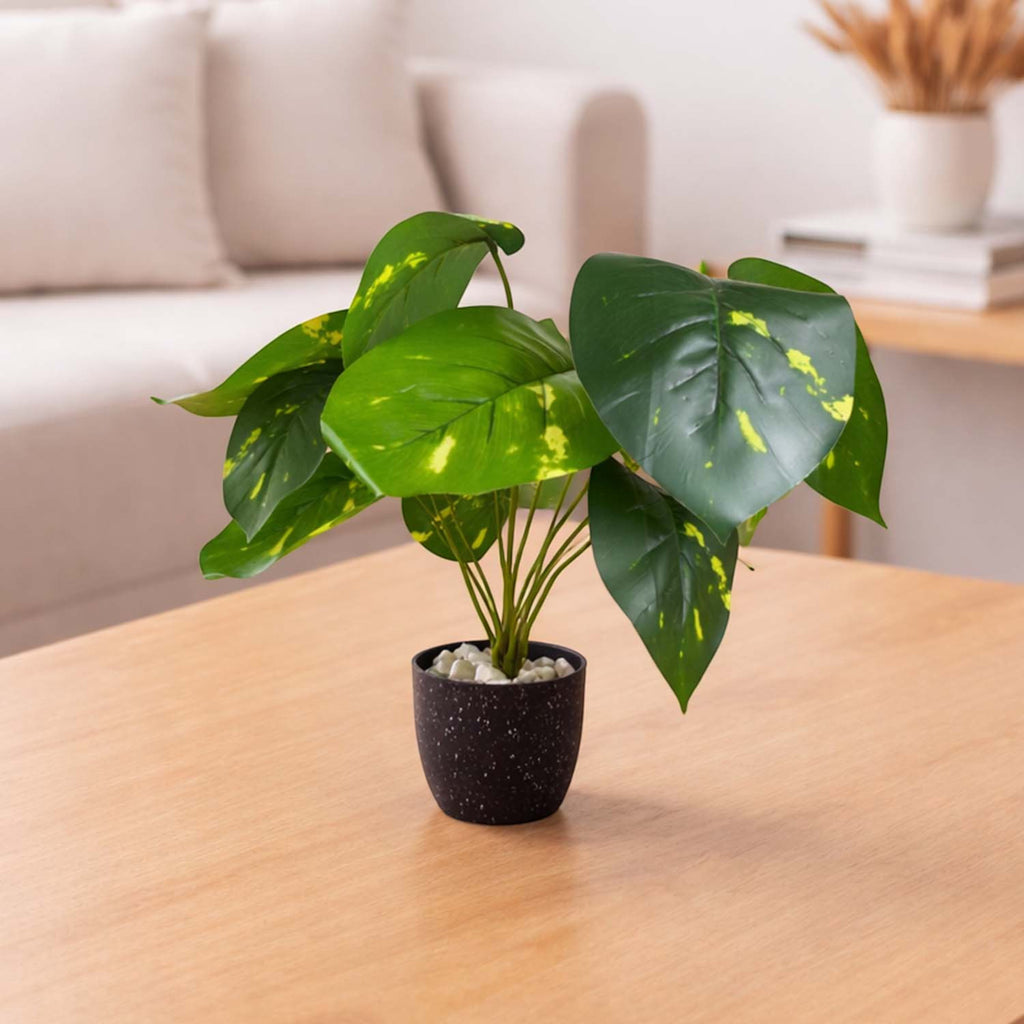 GoHooked artificial Epipremnum Aureum plant with variegated green leaves in a black speckled pot on a wooden table.