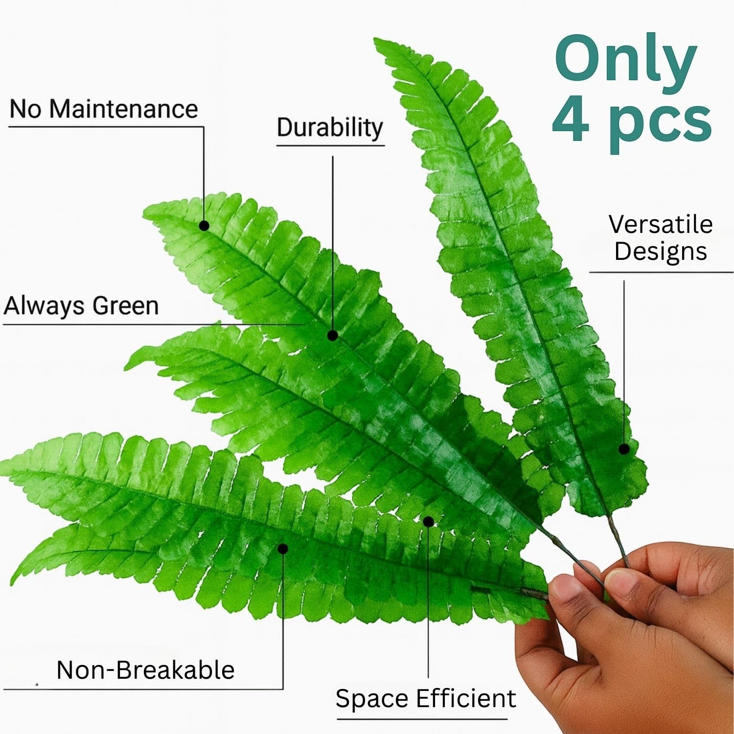 GoHooked 4 pcs artificial green fern leaves with realistic texture, durable and non-breakable for versatile decor.