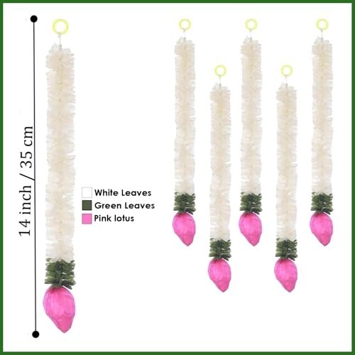 GoHooked artificial white mogra flower garlands with pink lotus buds and green leaves, 35 cm length. Set of 10.
