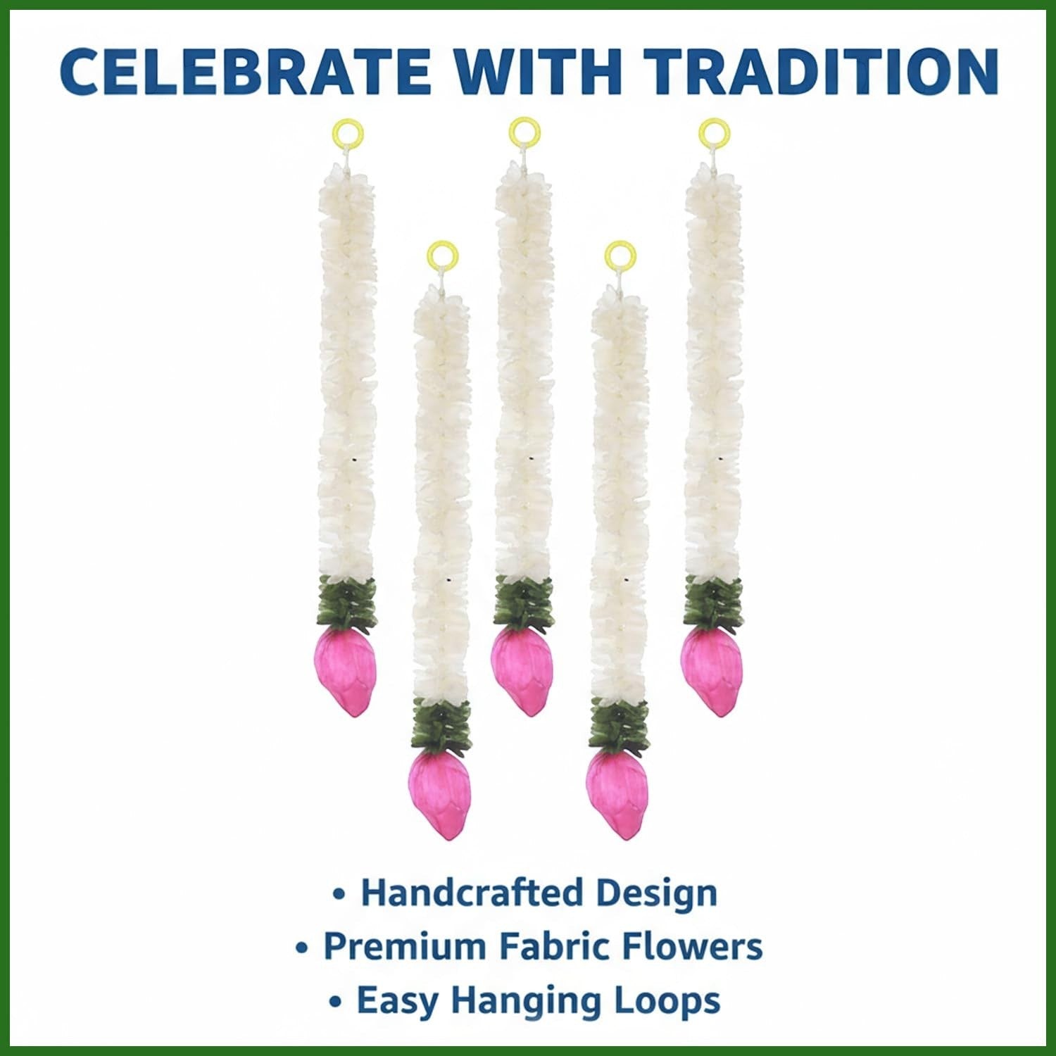 GoHooked white mogra flower garlands with pink lotus buds, fabric and plastic, for festive decor.