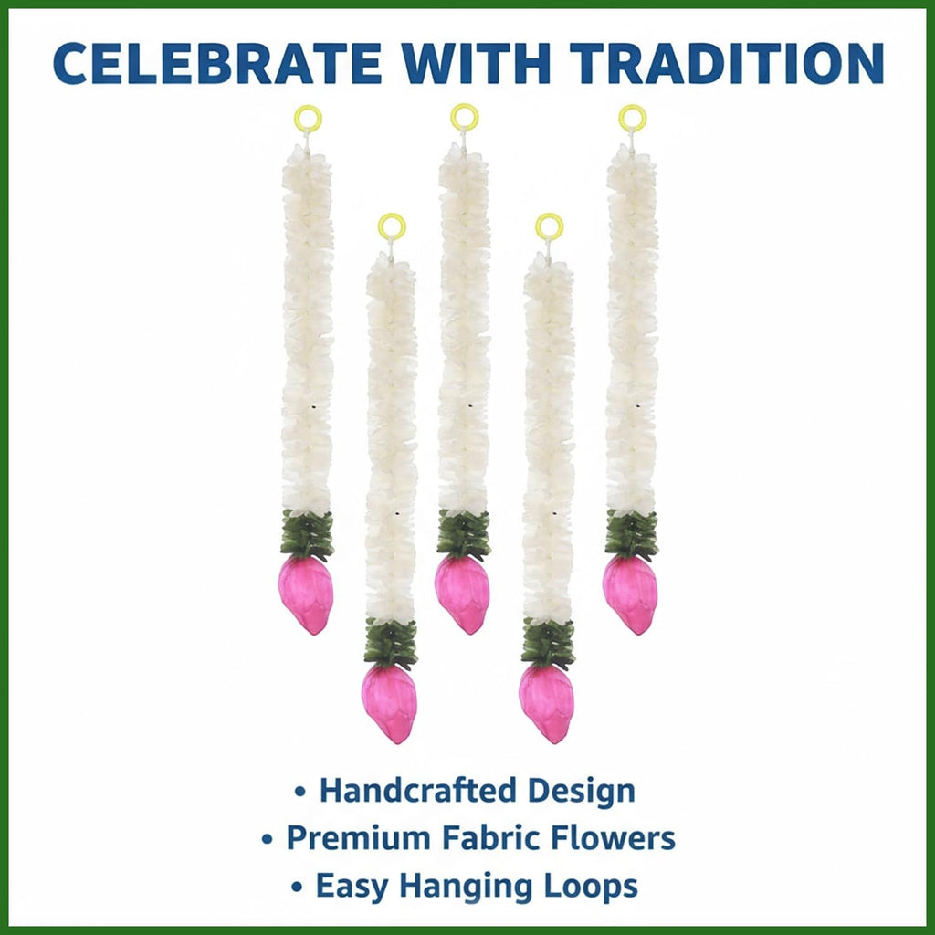 GoHooked white mogra flower garlands with pink lotus buds, fabric and plastic, for festive decor.