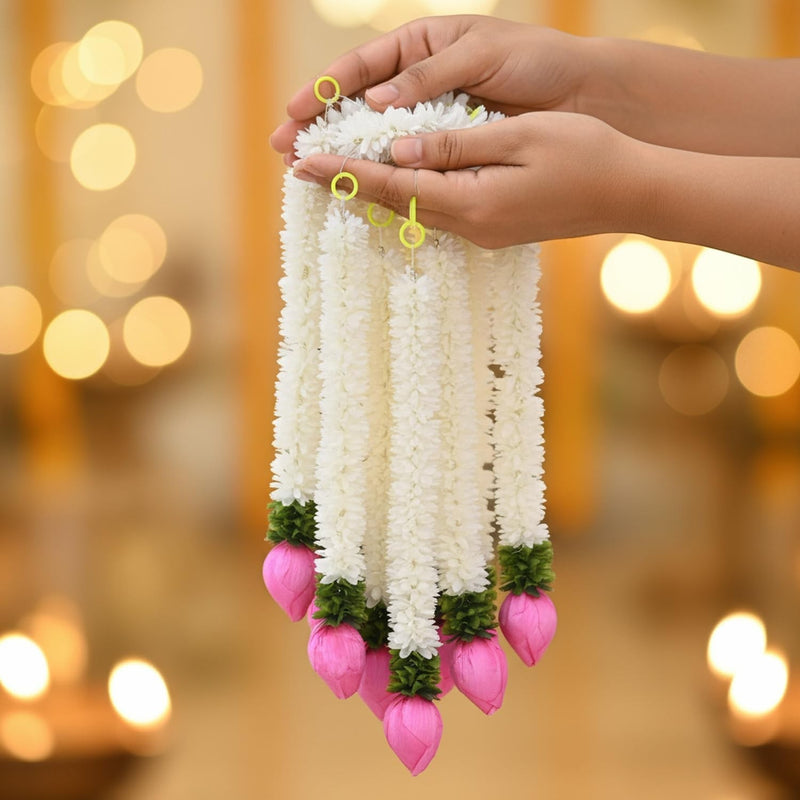GoHooked white mogra flower garlands with pink lotus buds and green accents, fabric and plastic, 37.3 cm each.