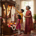 GoHooked artificial white mogra flower garlands with pink lotus buds decorating a wooden mandir with a family.