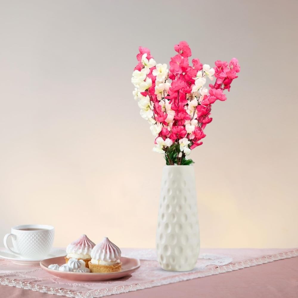 Go Hooked artificial pink and white flowers in a textured white vase, a decorative floral arrangement for home or office.