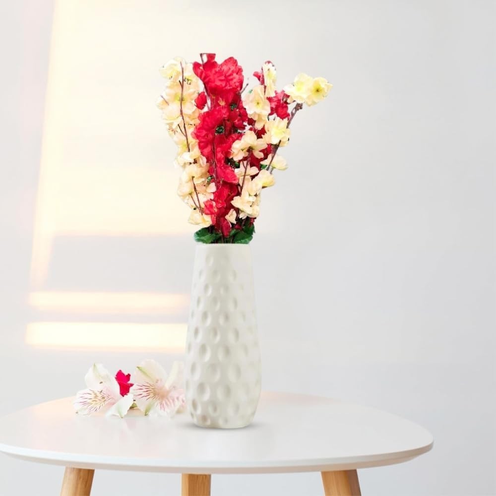 Go Hooked artificial flowers in red and yellow with a white textured vase, perfect for home and office decor.
