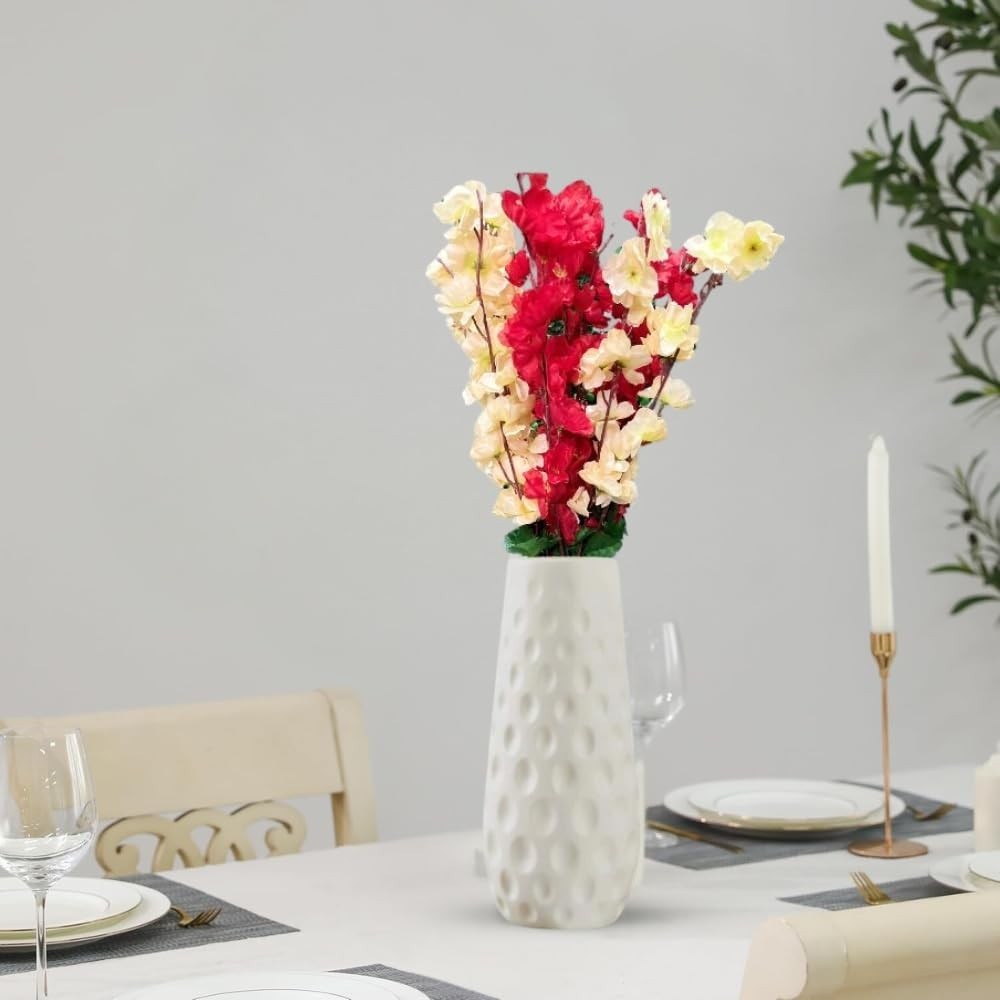 GoHooked yellow and red artificial flowers in a white textured vase, perfect for home and office decor.