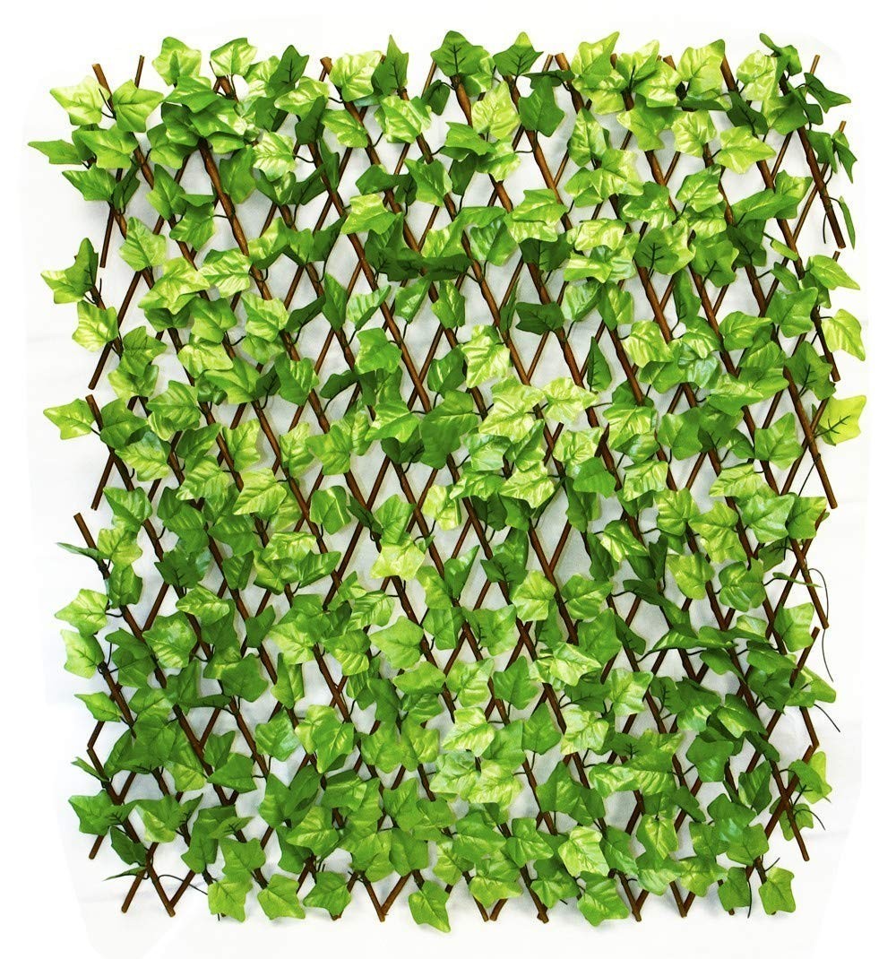 GoHooked expandable green ivy artificial grass fence panel with wooden lattice for outdoor decor.