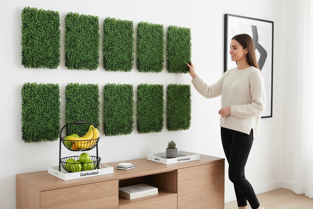 GoHooked green artificial ivy grass tiles, 16x24 inch, pack of 10, for indoor/outdoor decor.