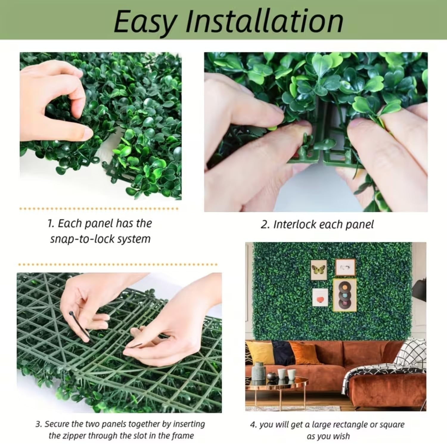 GoHooked green artificial grass wall tiles with small leaves, interlocking for easy installation, UV protected.