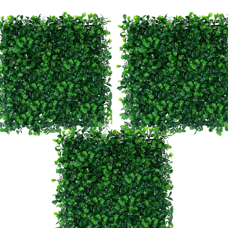 Go Hooked green artificial grass vertical wall tiles with small leaves, set of 3, 40x60cm. Realistic faux plant panels for decor.