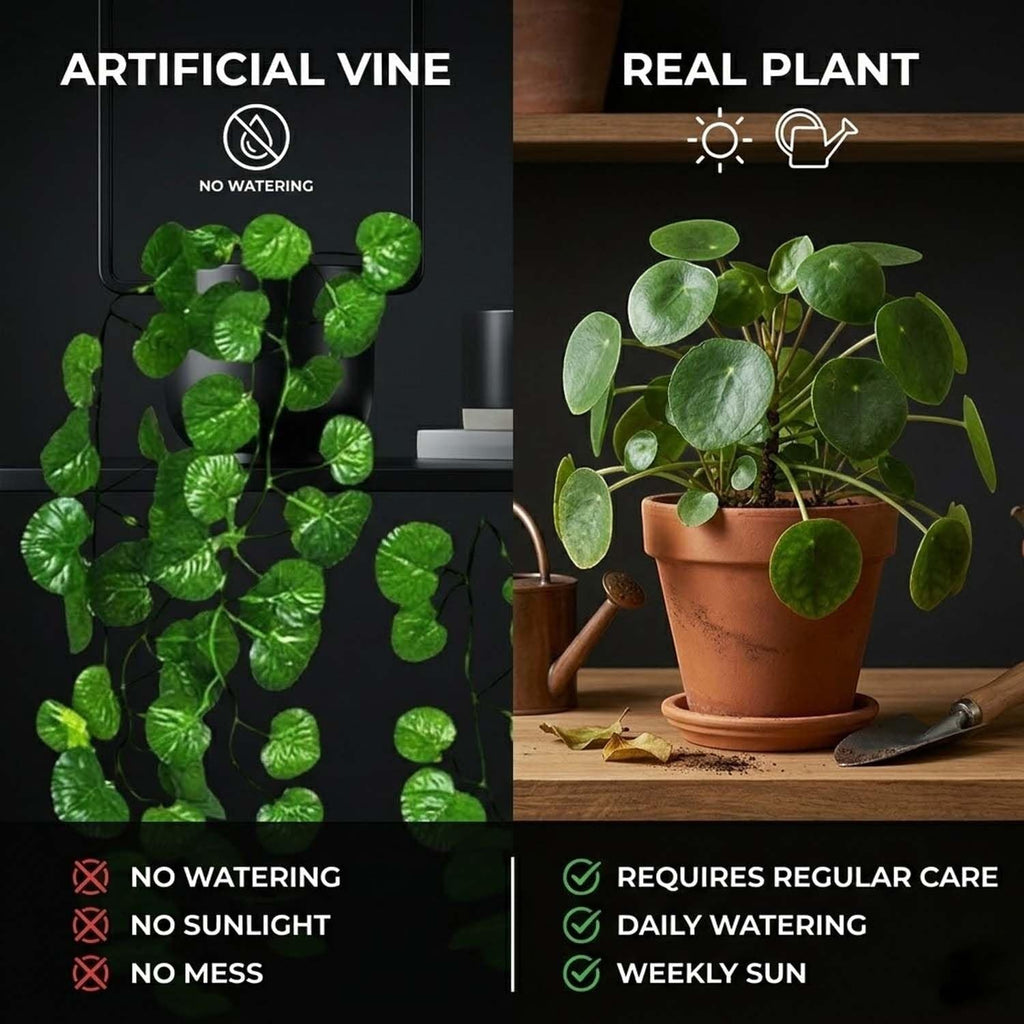 GoHooked artificial green coin leaf creeper, 7 ft long, plastic, no watering needed, for home decor.