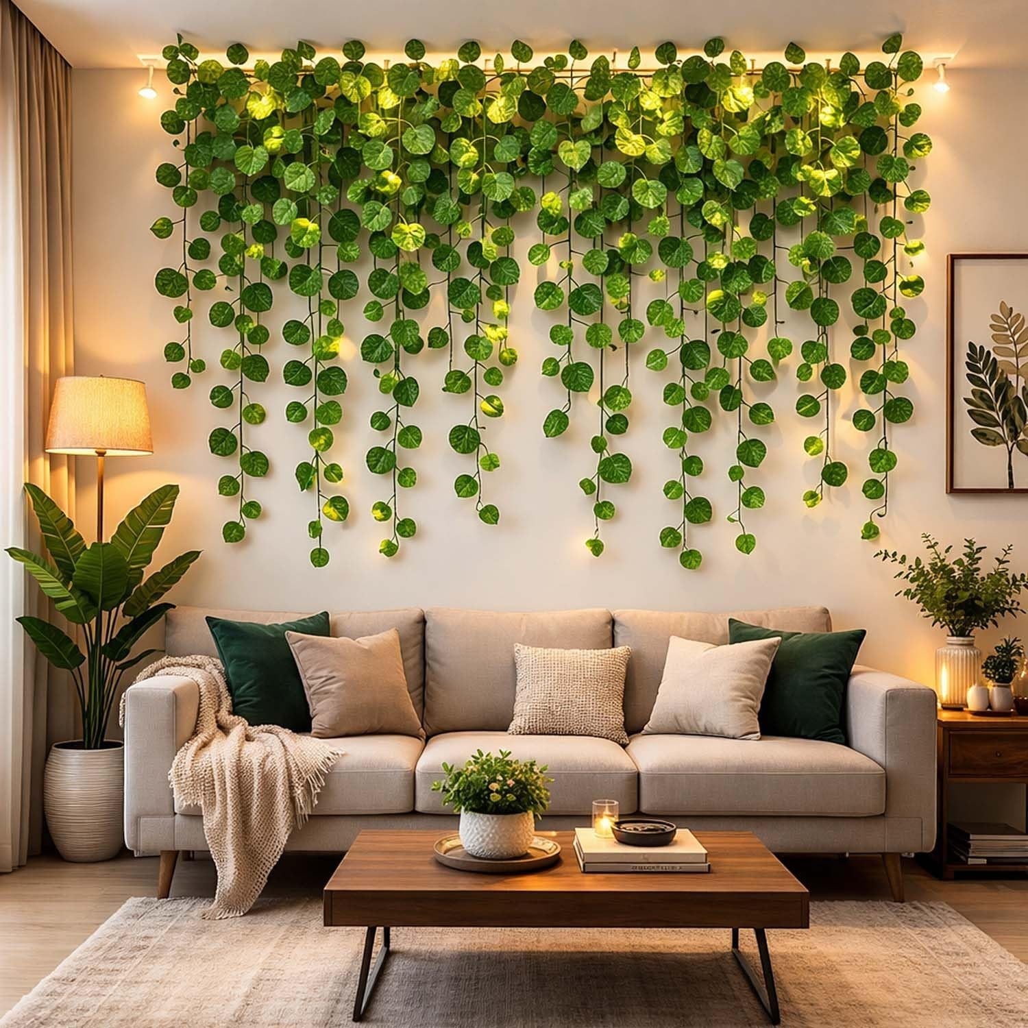 GoHooked artificial green coin leaf creeper garland with 72 leaves each, 7 ft long, draped over a wall above a sofa.