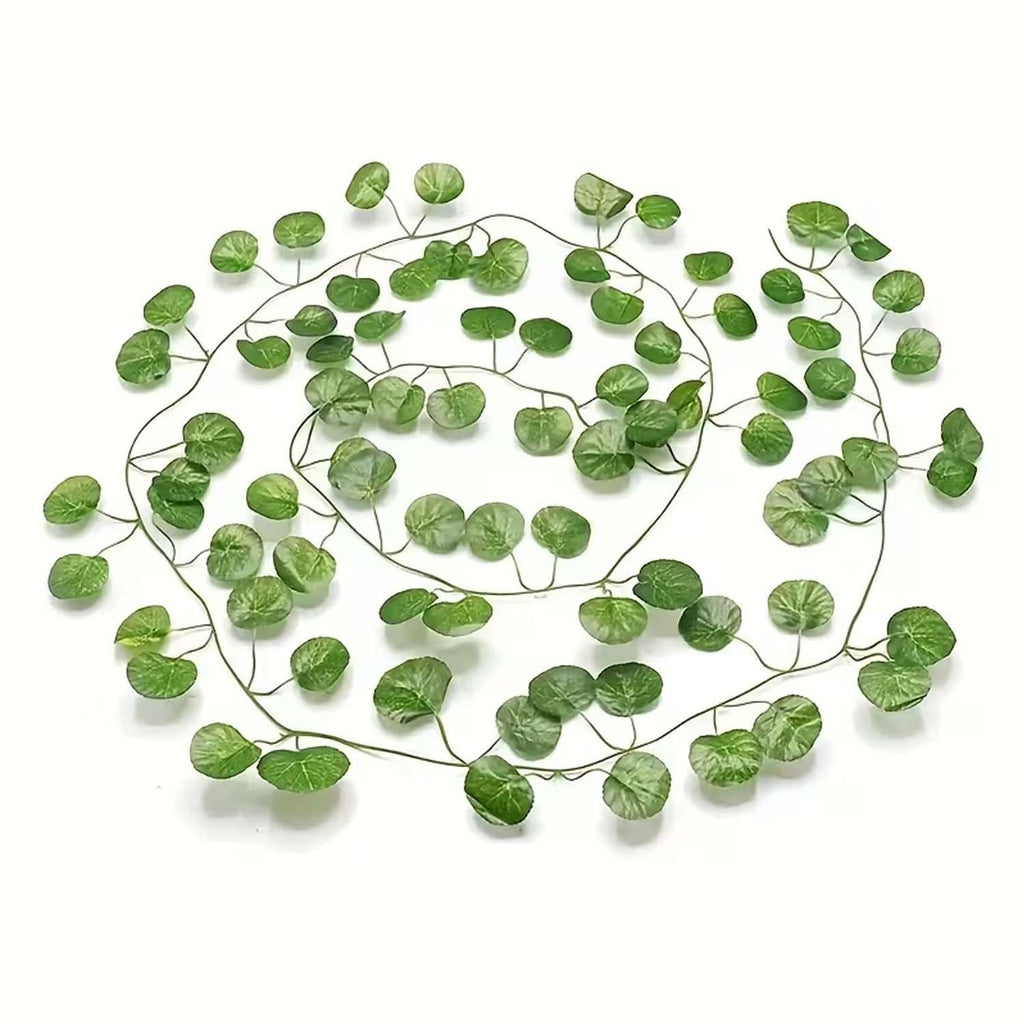 GoHooked artificial green coin leaf creeper garland, 7 ft long, made of plastic with realistic leaf texture.