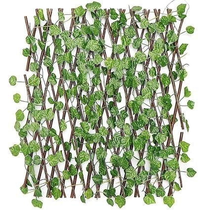 GoHooked artificial green ivy leaves trellis with a brown wooden expandable frame for privacy and garden decor.