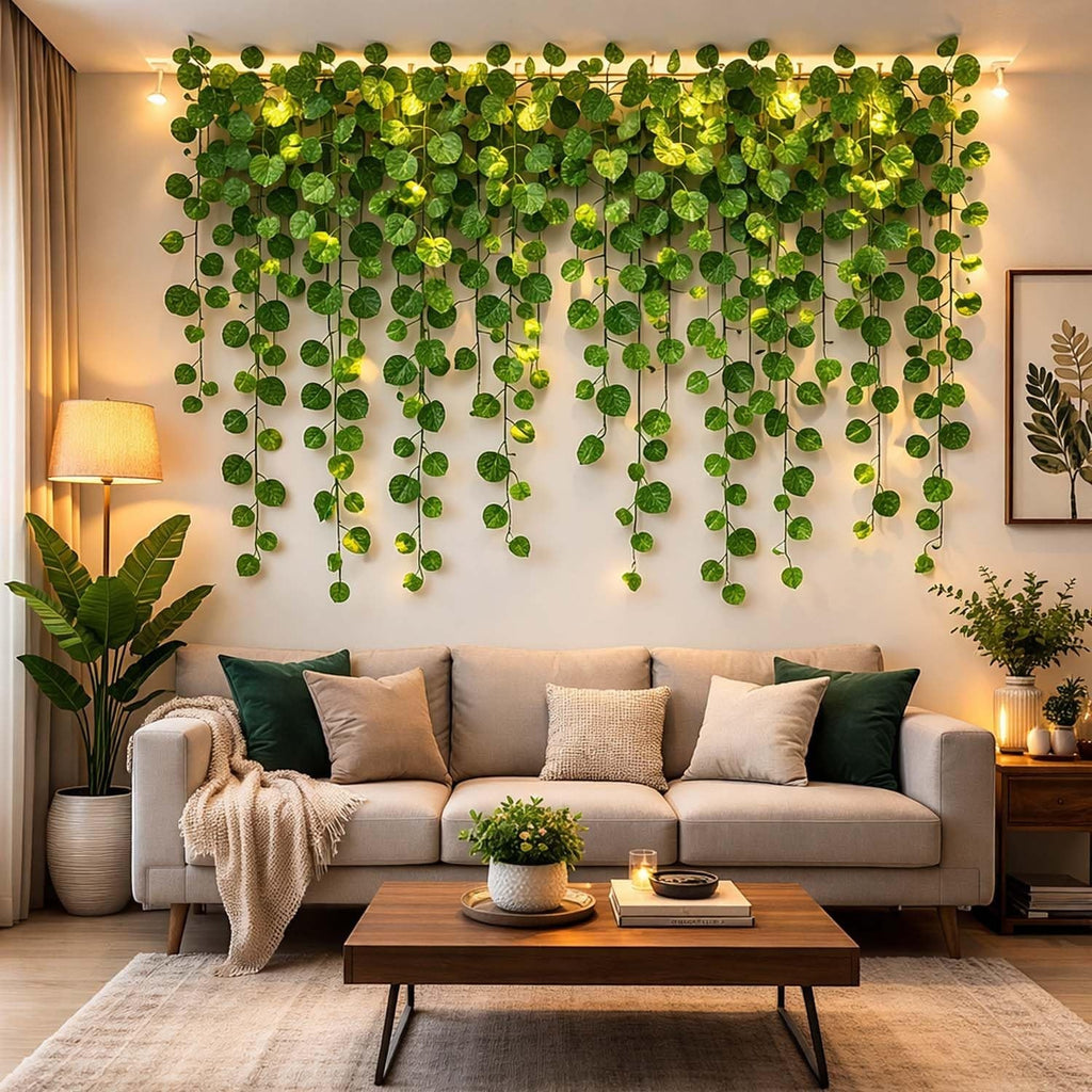 GoHooked artificial green coin leaf creeper garland draped over a wall above a sofa, creating a lush botanical backdrop.