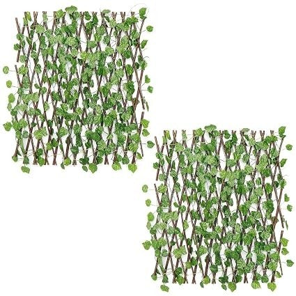 GoHooked pack of two artificial green ivy leaf trellises with expandable wooden lattice frames for garden decor.