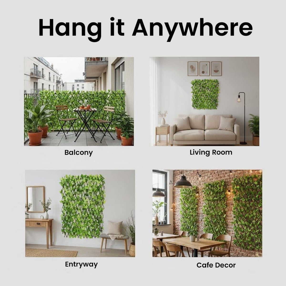 GoHooked artificial green ivy leaf trellis panels used for privacy and decor in balconies, living rooms, and cafes.