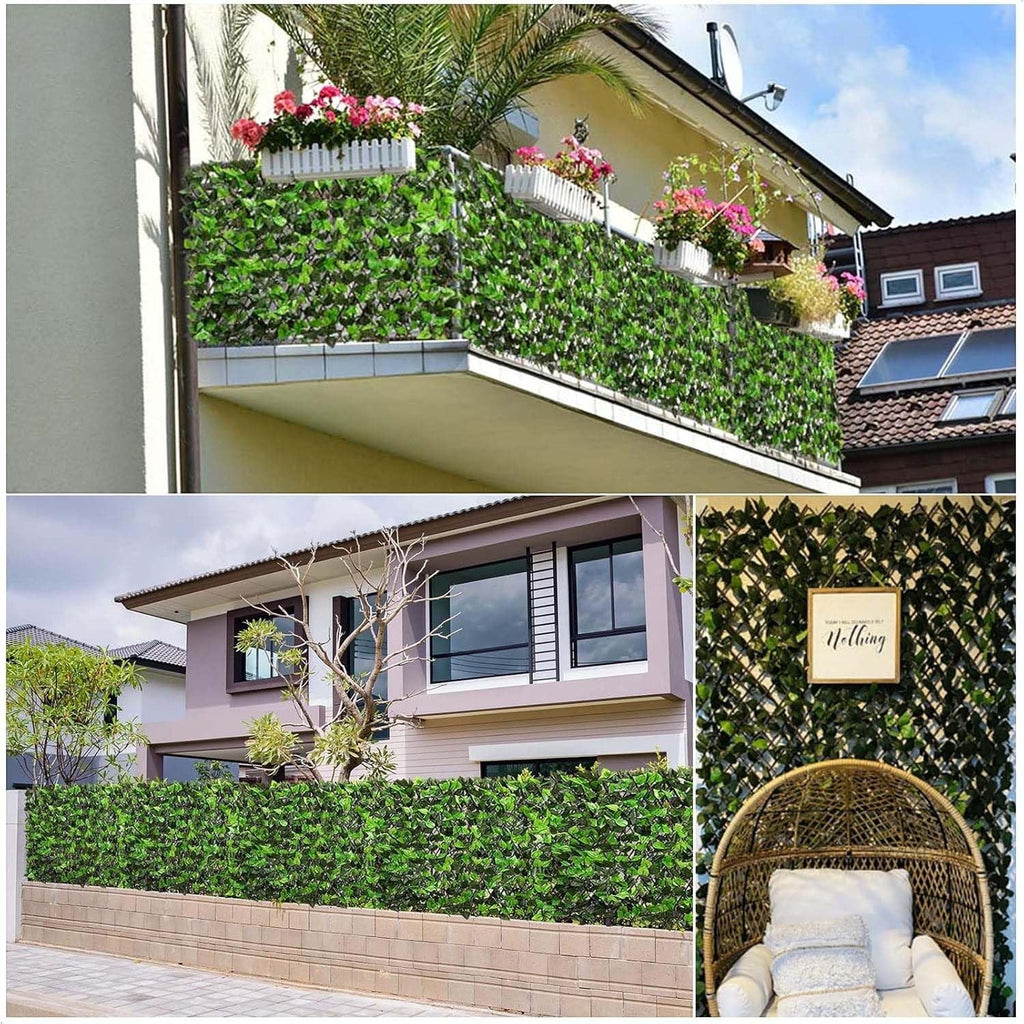 GoHooked artificial green ivy leaf trellis panels installed on a balcony railing and garden fence for privacy.