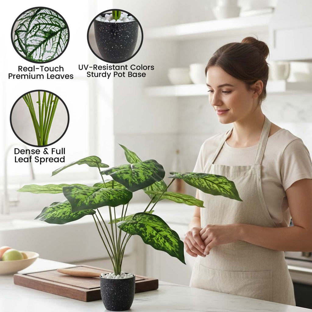 GoHooked artificial Homalomena Wallisii plant with patterned green leaves in a decorative pot on a kitchen counter