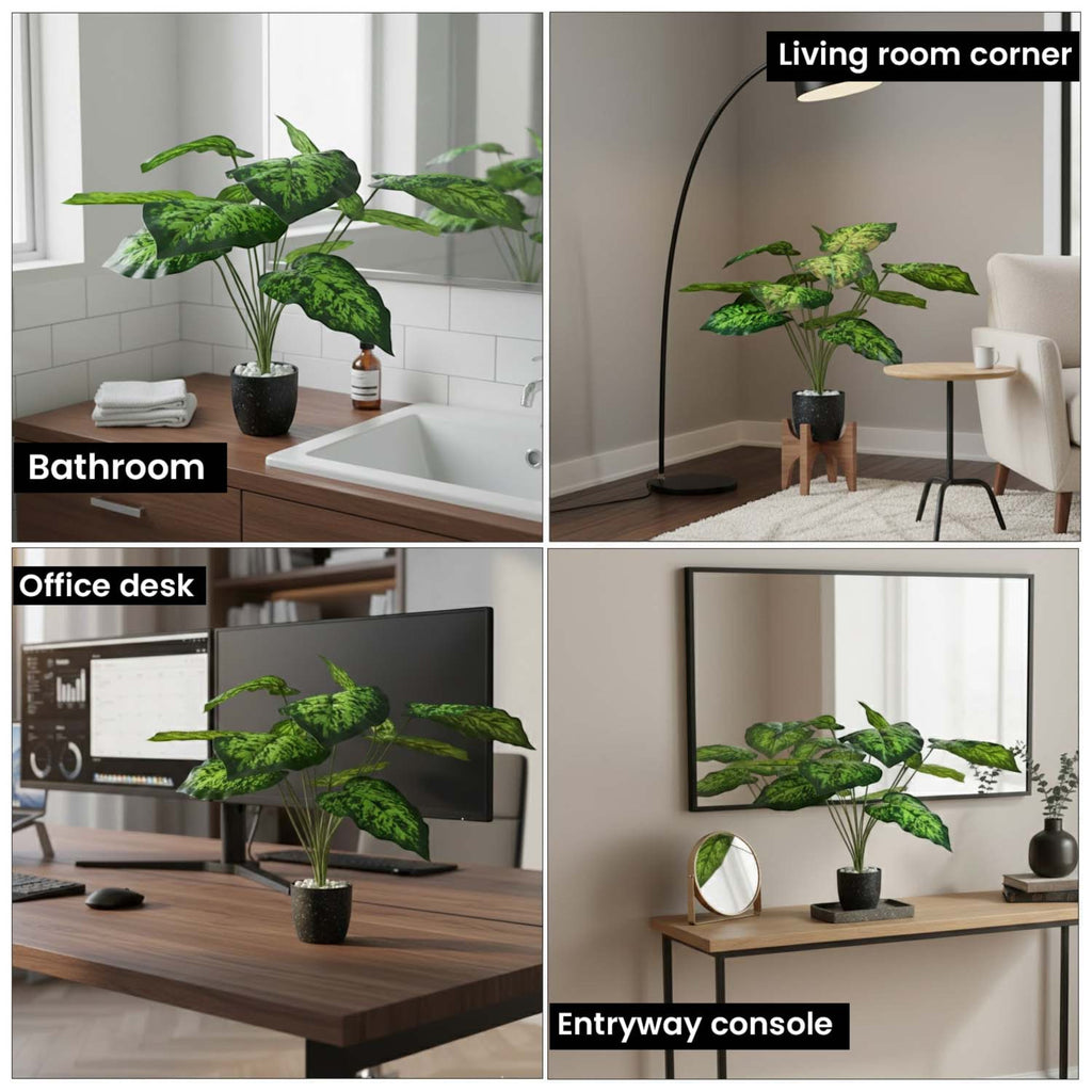 GoHooked artificial Homalomena Wallisii plant with patterned green leaves in a decorative pot for home and office decor.